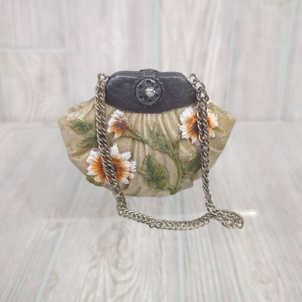 Vintage Ceramic Purse Figurine Floral with Rhinestone and Chain